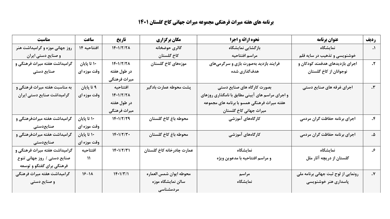 برنامه های هفته ی میراث فرهنگی در مجموعه گلستان